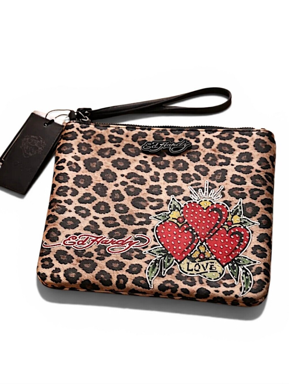 Ed Hardy Cheetah Leopard Print Love Hearts Rhinestone Wristlet NWT